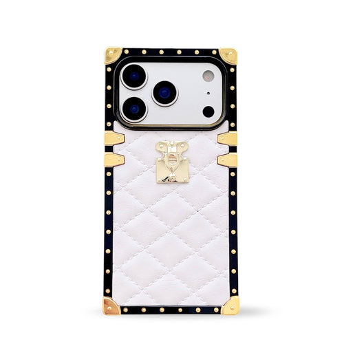 Quilted white leather iPhone 17 Pro case by Maison Purity with square black border and gold accents on a white background