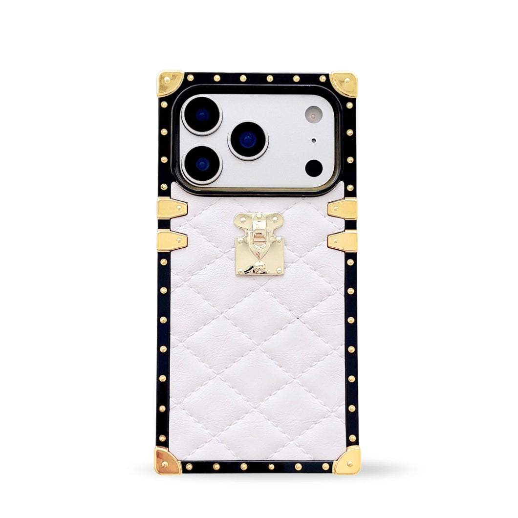 Quilted white leather iPhone 17 Pro case by Maison Purity with square black border and gold accents on a white background
