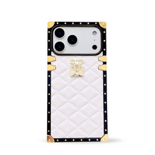 Load image into Gallery viewer, Quilted white leather iPhone 17 Pro Max case with square black border and gold accents on a white background
