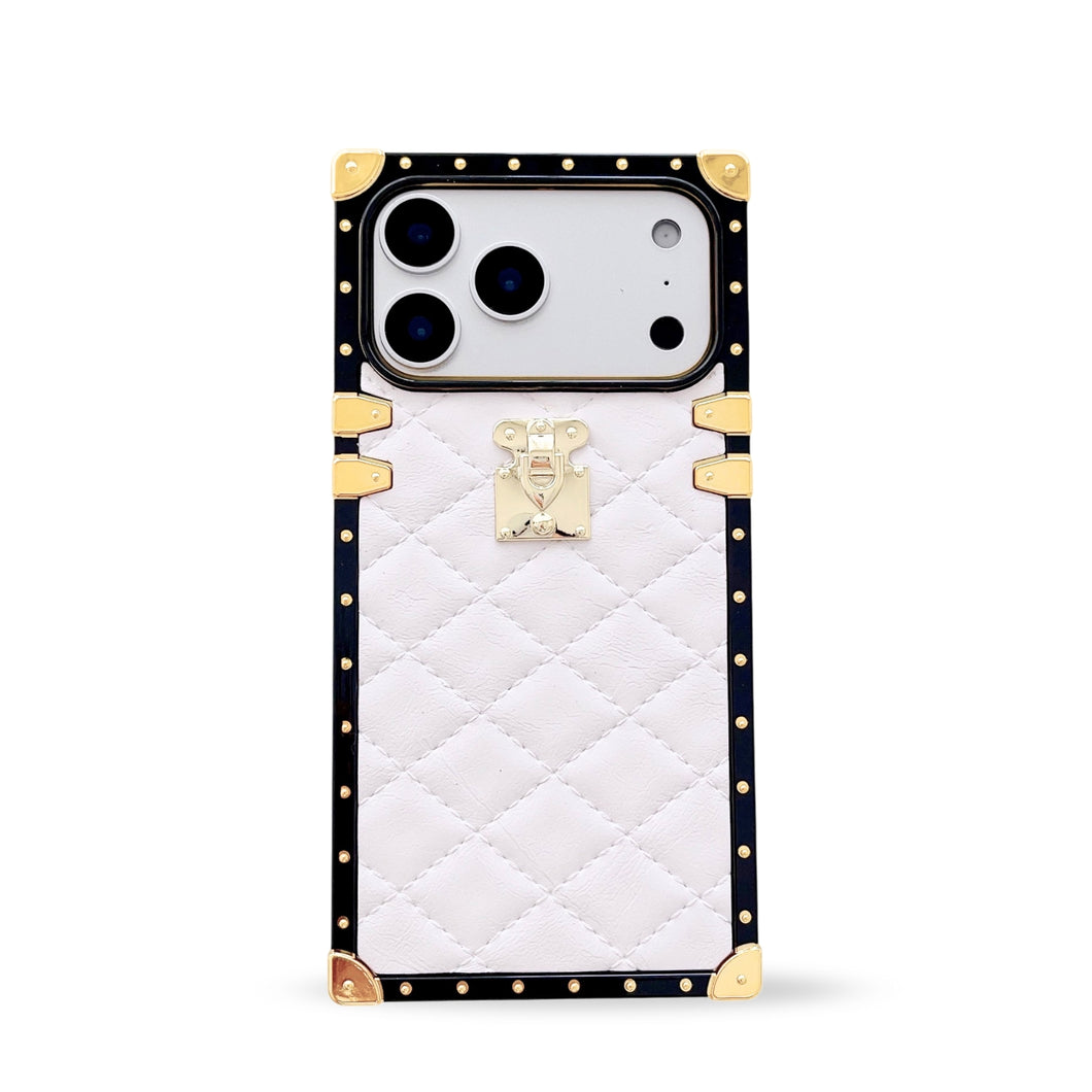 Quilted white leather iPhone 17 Pro Max case with square black border and gold accents on a white background
