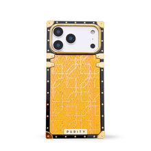 Load image into Gallery viewer, Luxury yellow iPhone 17 Pro Max case with square design and gold accents by Maison Purity on a white background
